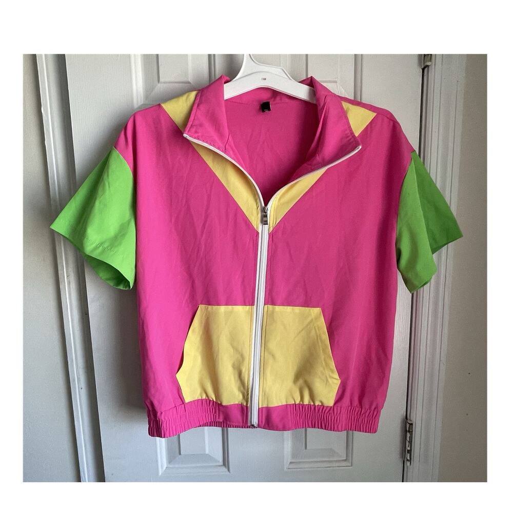 UOUA Colorblock Zip Short Sleeve Collared Jacket Pink Green Yellow M Polyester